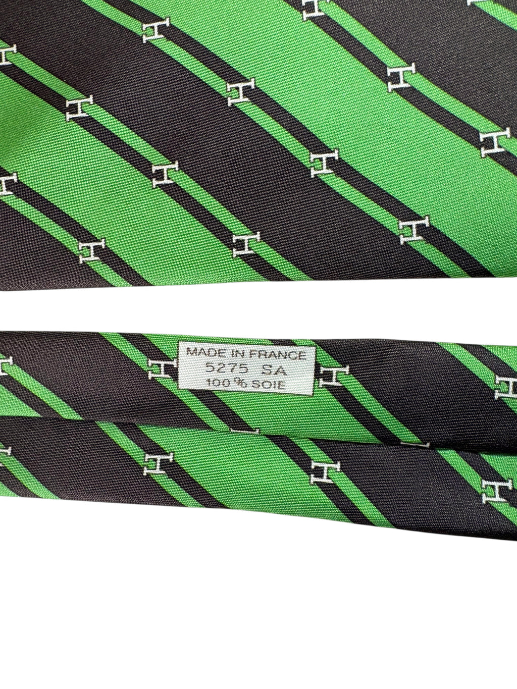 Cravatta Hermès Paris Vintage in Seta – Righe Diagonali Verde/Nero – Logo “H” – Made in France — foto 4
