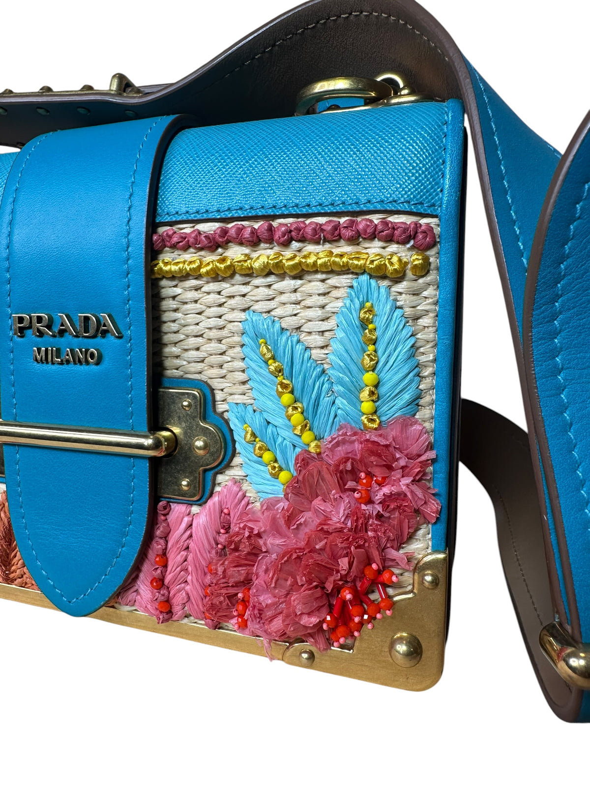 Prada borsa Cahier in pelle e raffia