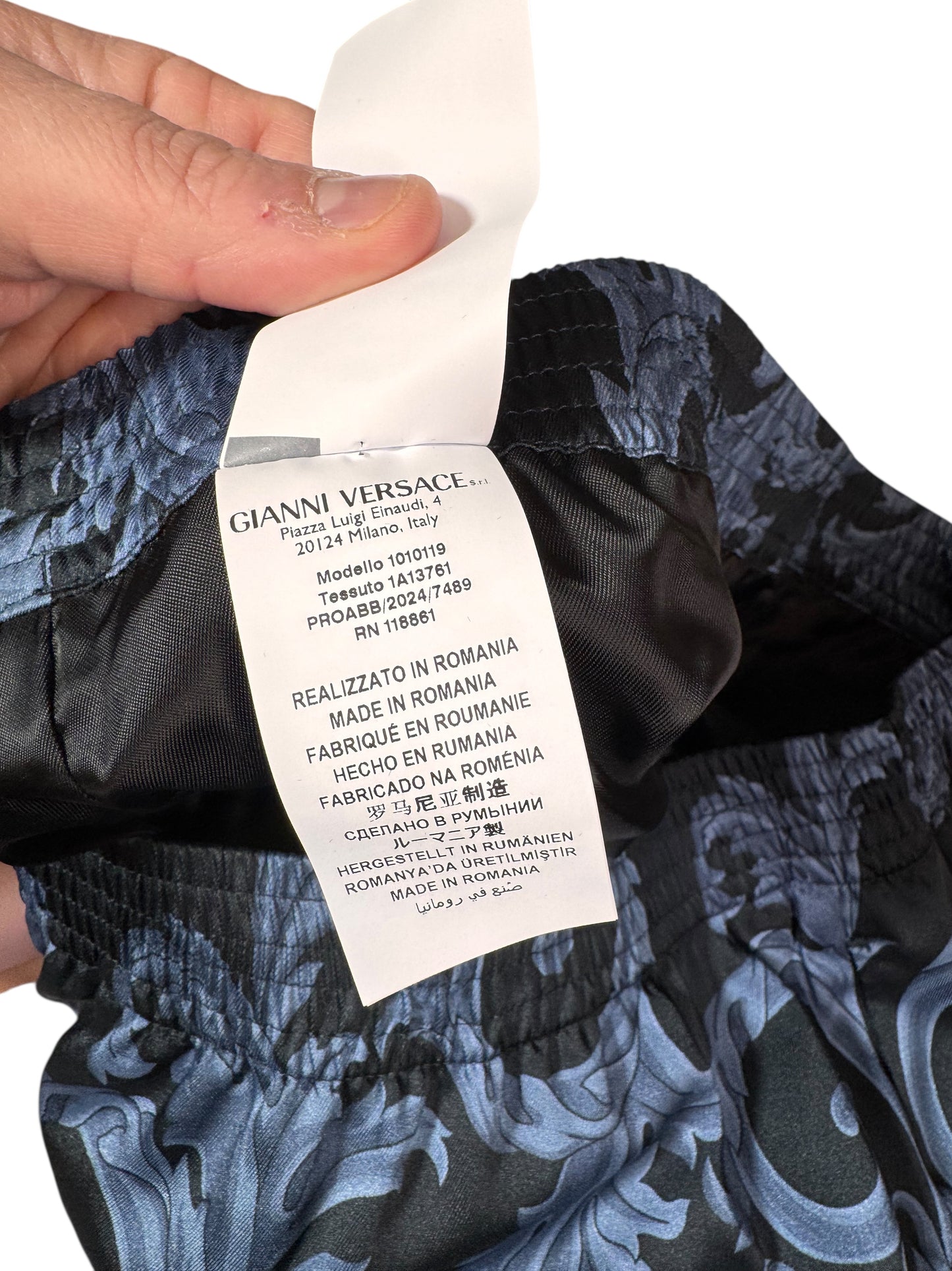 Shorts Versace stampati blu, nuovi con cartellino