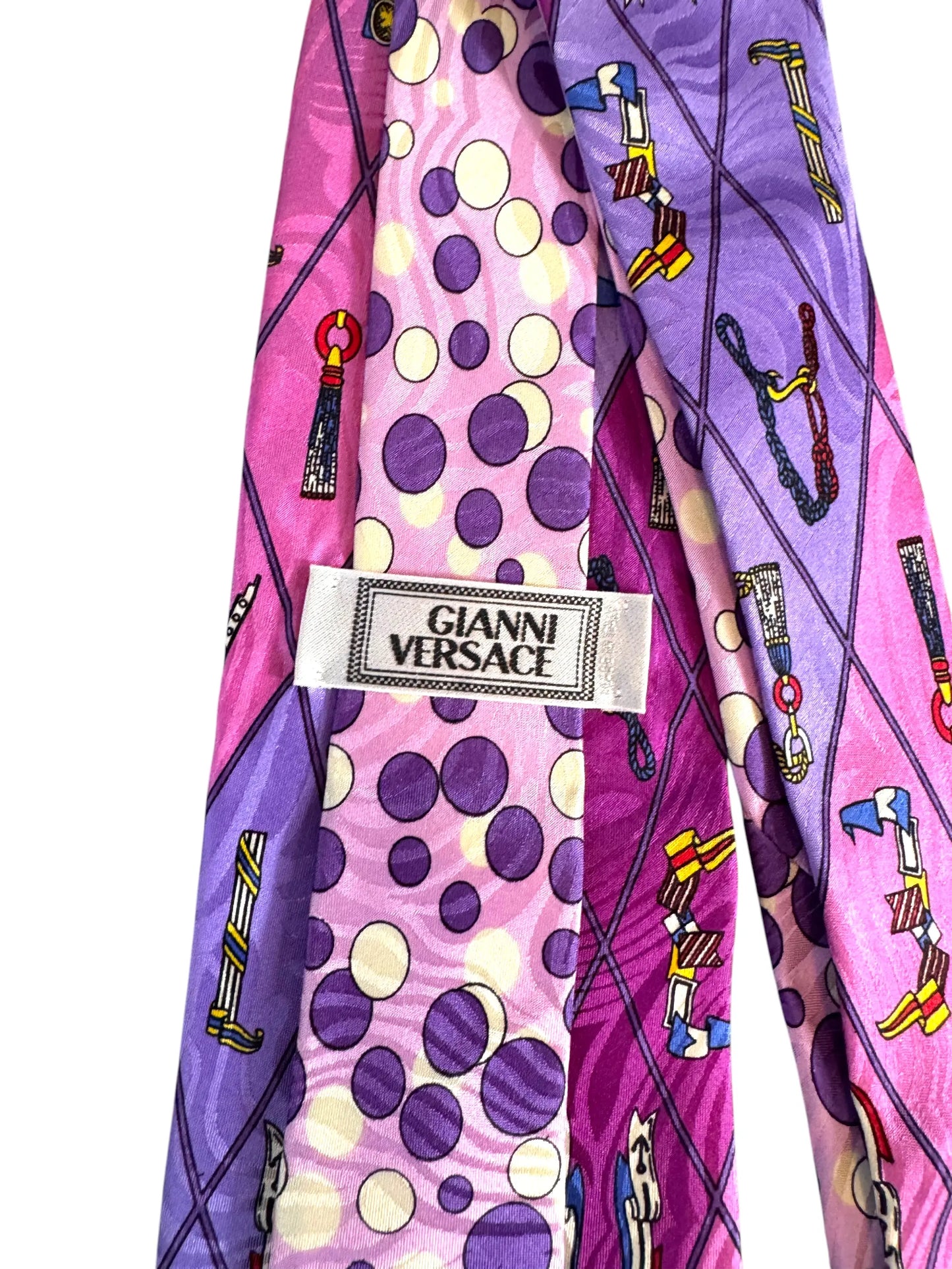 Gianni Versace cravatta vintage seta fantasia geometrica rosa viola Made in Italy