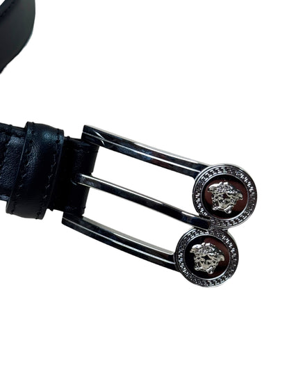 Cintura Versace nera in pelle con doppia Medusa, misura 65