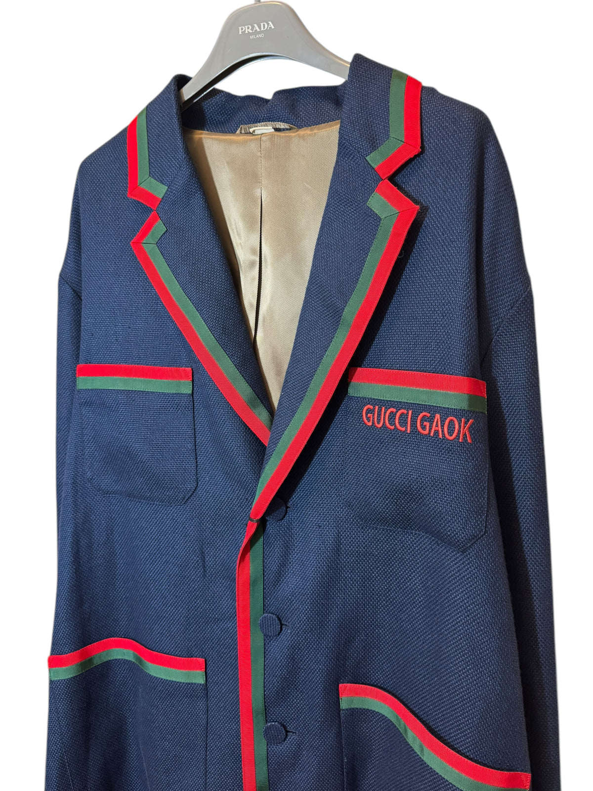 Giacca Blazer Gucci in lino blu con Web stripe e ricamo — foto 4