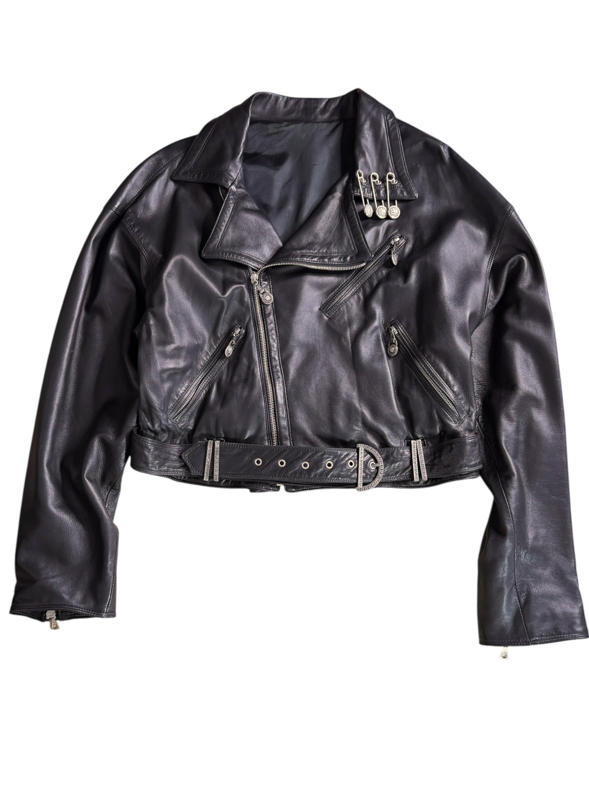 Gianni Versace SS 1994 biker jacket in pelle nera con dettagli Medusa tg 44