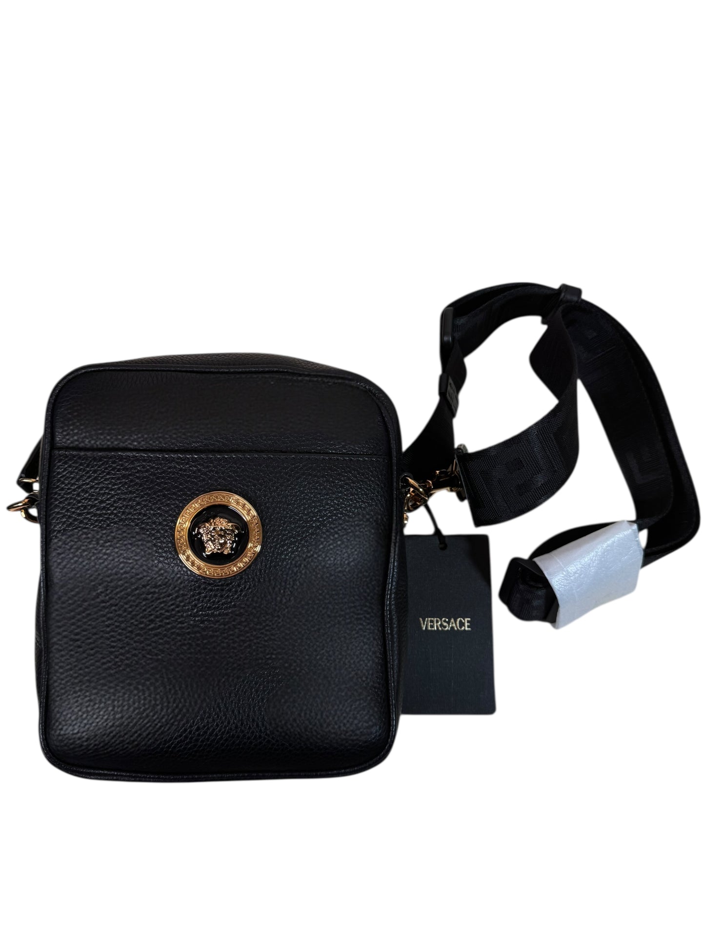 Borsa a tracolla Versace in pelle nera con Medusa dorata