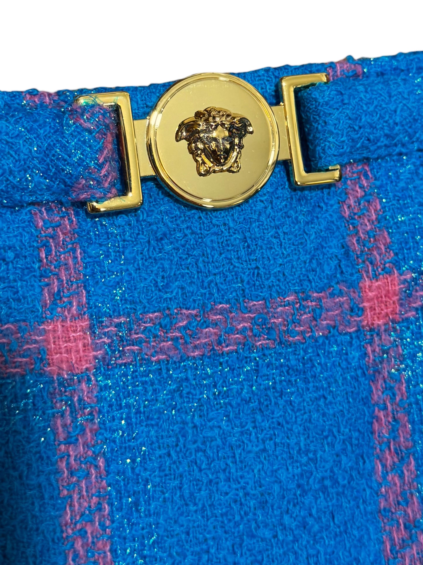 Versace Gonna in Lana Vergine Check Blu con fibbia Medusa Oro