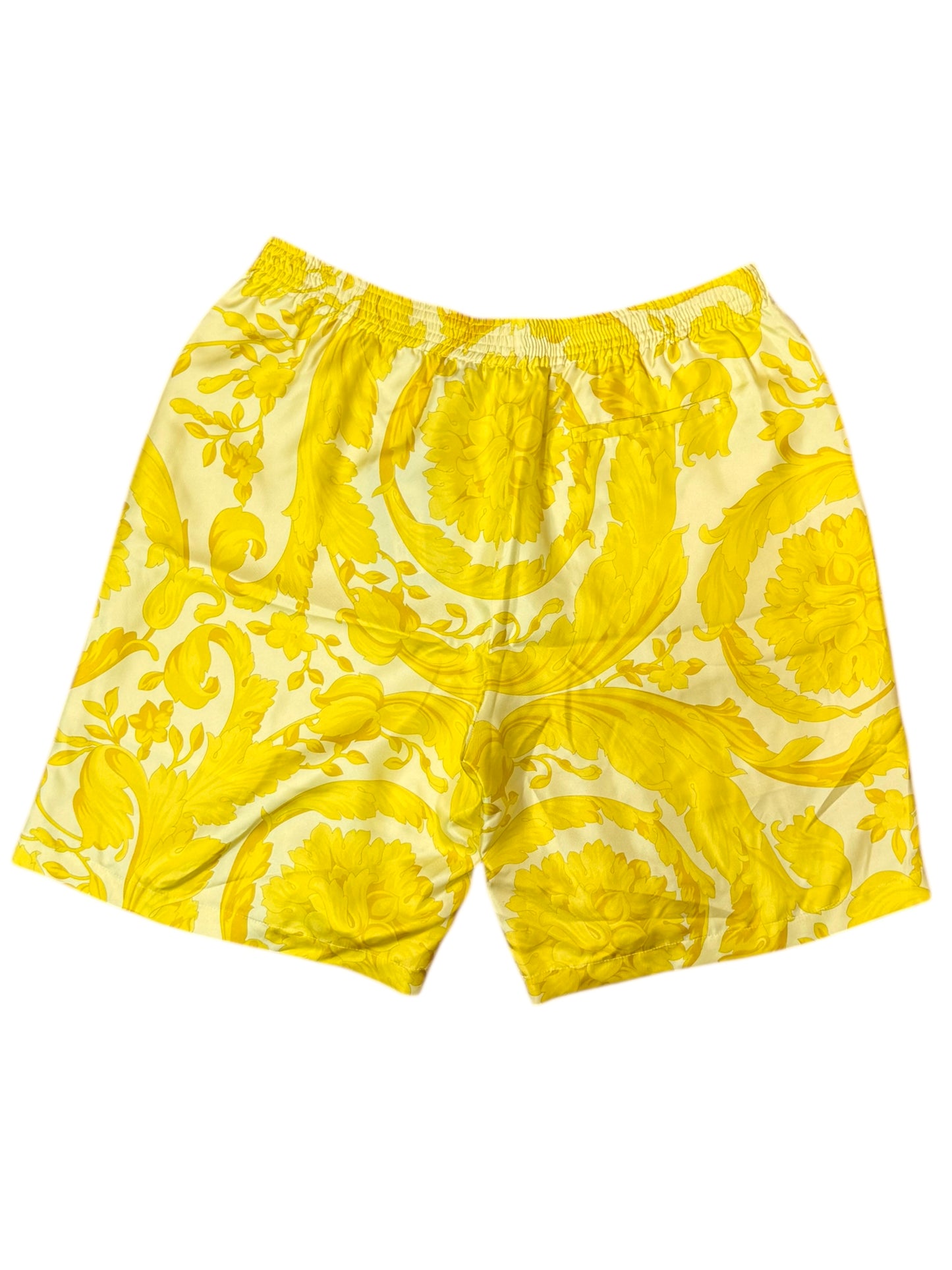 Shorts Versace in seta gialla stampa barocca, nuovi con cartellino