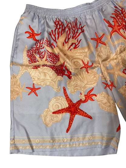 Shorts Versace in seta stampa marina azzurro, nuovi con cartellino