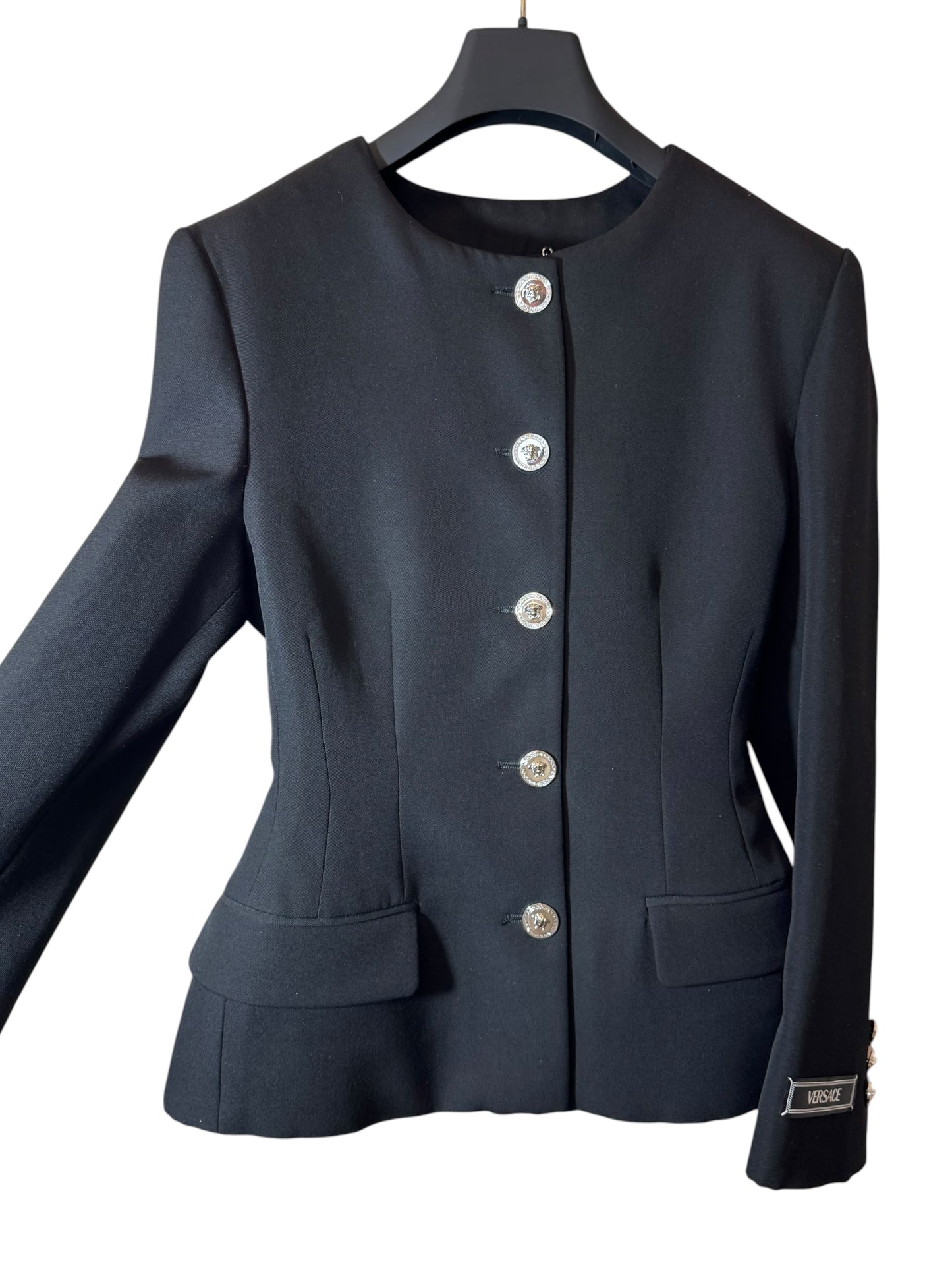 Giacca Versace donna nera in lana vergine bottoni Medusa taglia 38 Made in Italy