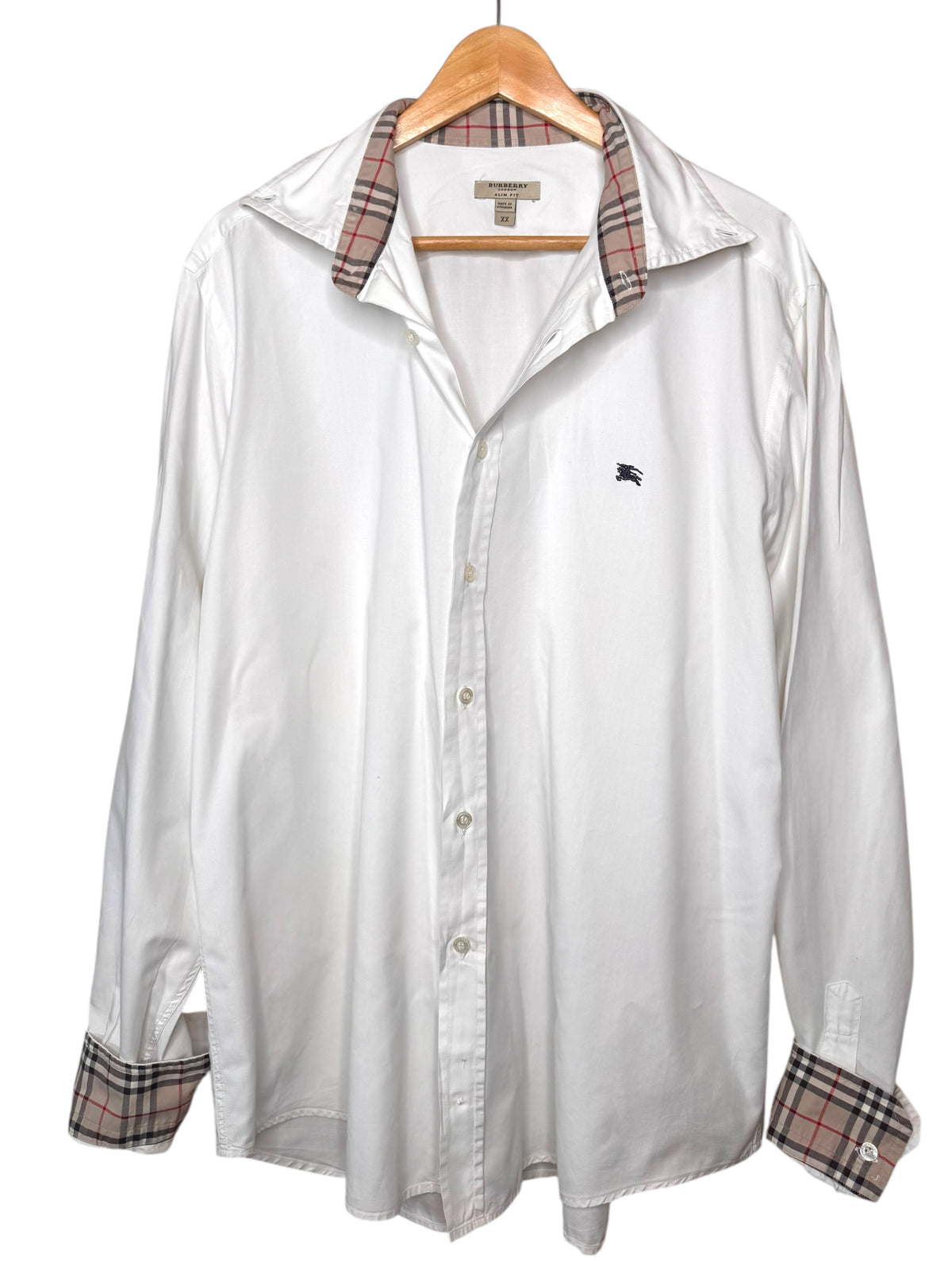 Camicia Burberry London Slim Fit bianca con dettagli check, taglia XXL