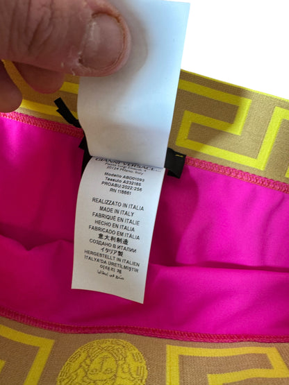 Slip bikini donna Versace fucsia con fascia Greca gialla/oro - Taglia 1 (XS) - Made in Italy