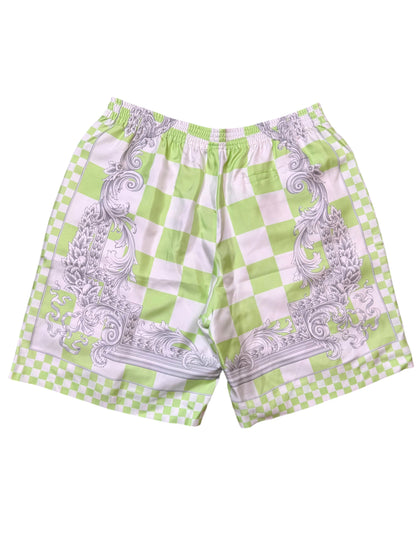 Shorts Versace in seta stampata verde, nuovi con cartellino, Made in Italy