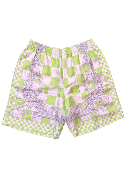 Shorts Versace in seta stampata verde, nuovi con cartellino, Made in Italy