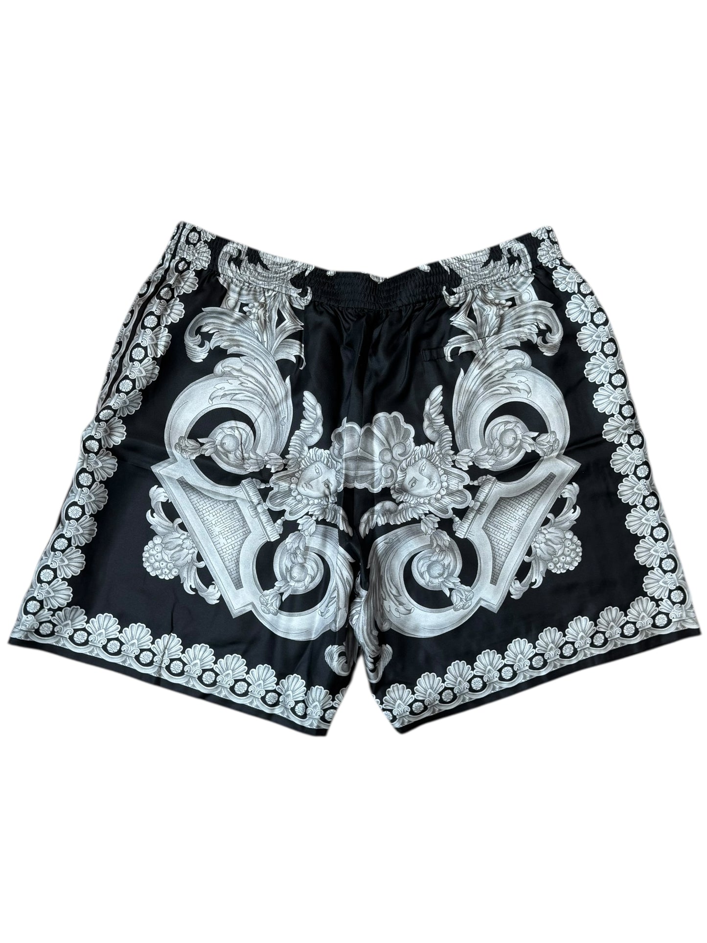 Shorts Versace in seta stampa barocca nero e argento, nuovi con cartellino