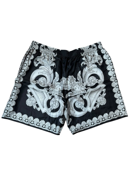 Shorts Versace in seta stampa barocca nero e argento, nuovi con cartellino