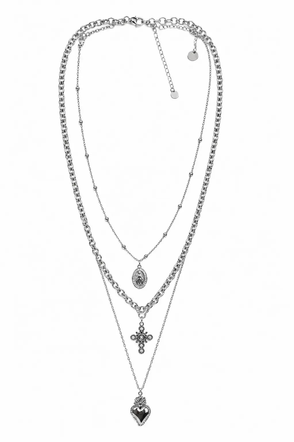 Collana multistrato argentata con cuore sacro e croce