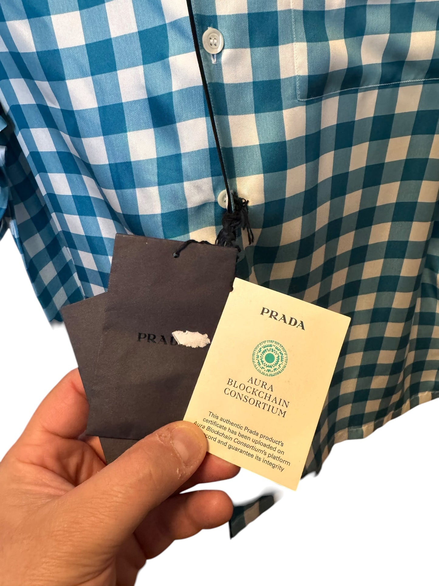 Prada camicia seta fantasia check azzurro bianco logo ricamato L — foto 10