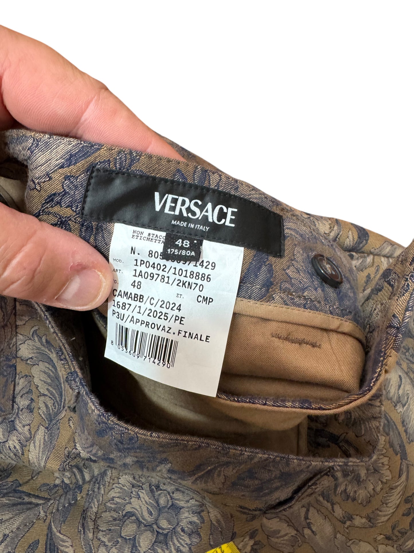 Versace Pantaloni Uomo Baroque Jacquard Floreale Blu Beige Taglia 48.