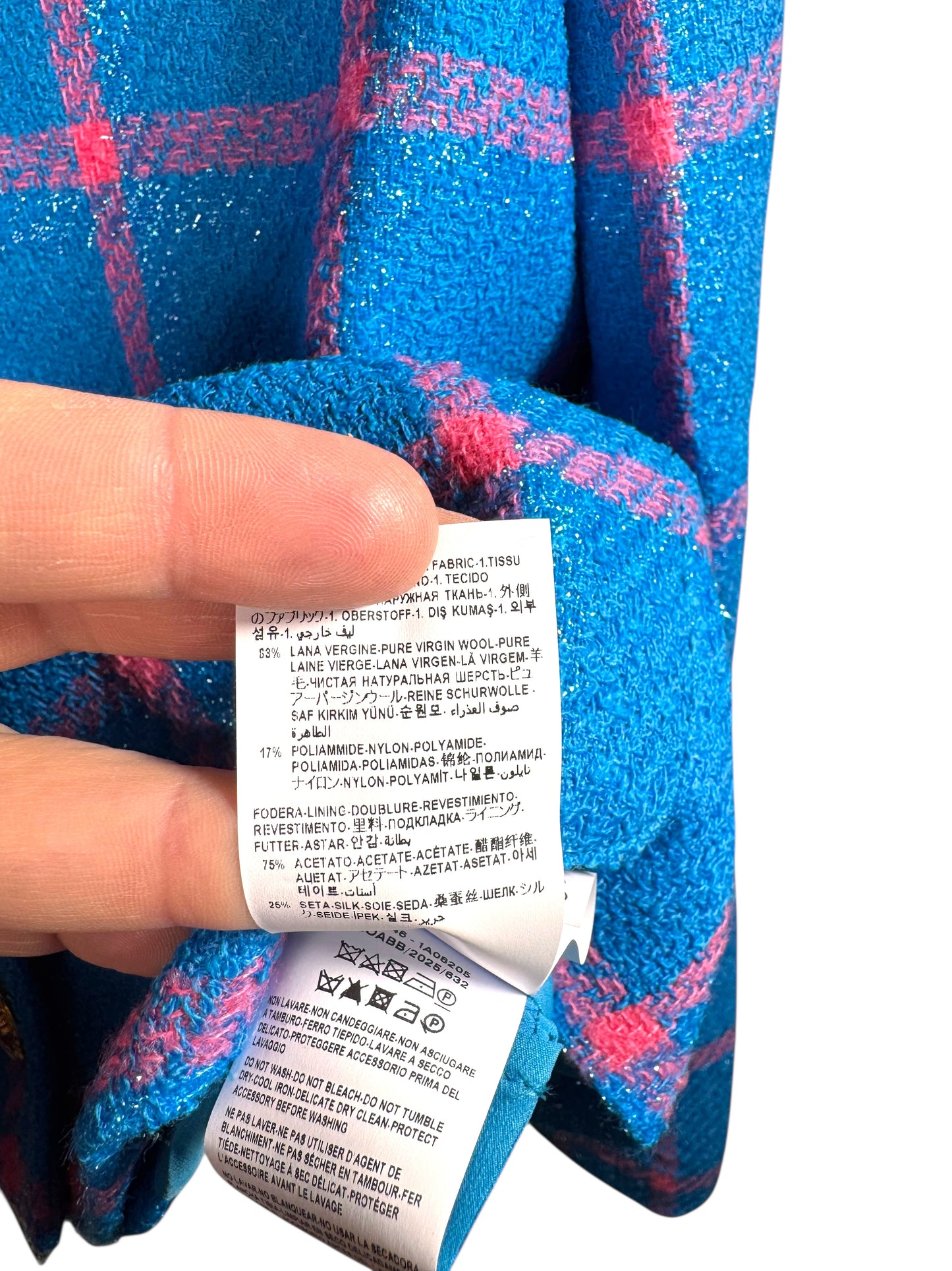 Giacca Versace lana lurex quadri Medusa blu rosa nuova taglia 50