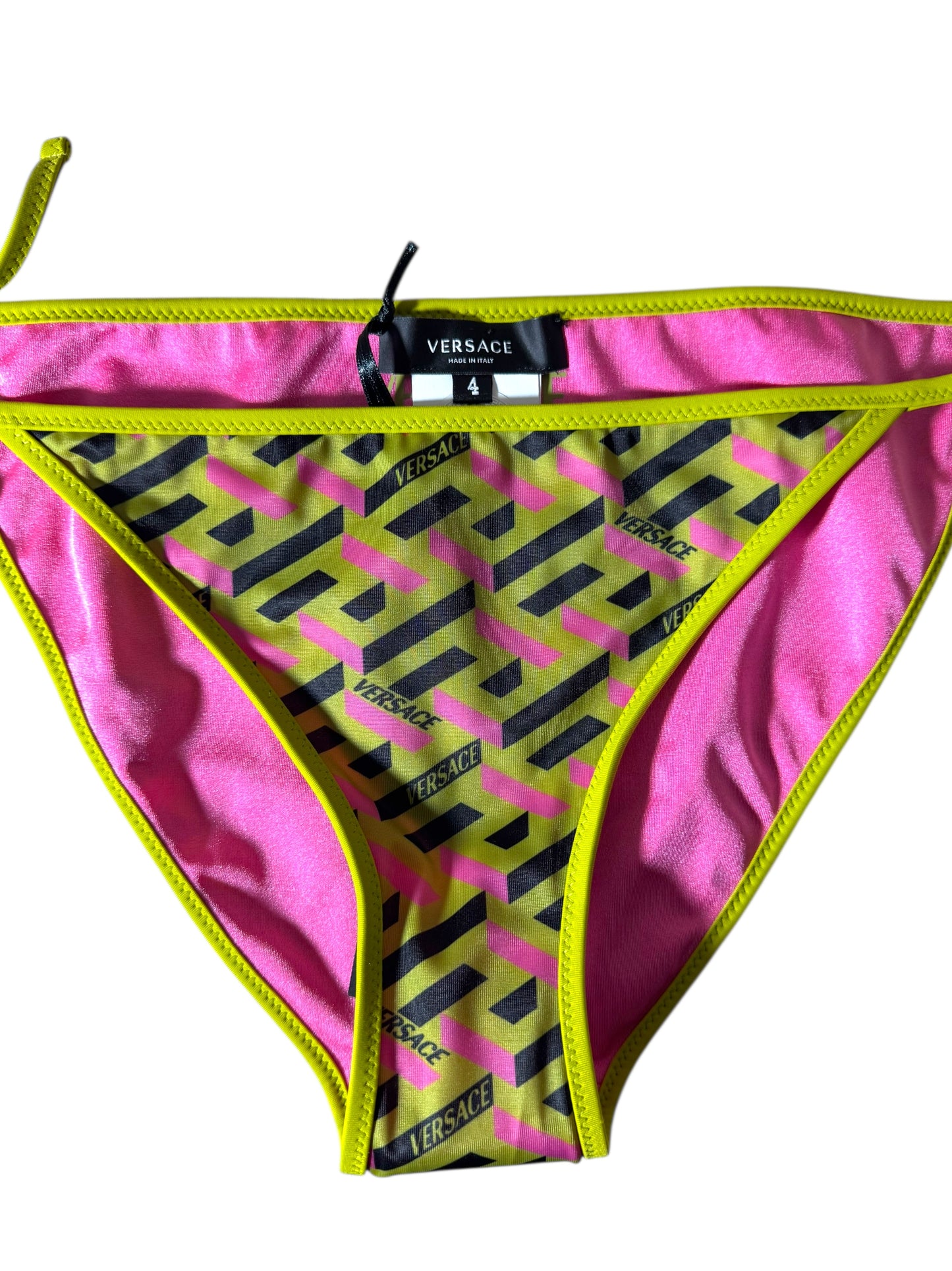 Slip Bikini Donna Versace con Lacci – Fantasia Geometrica Rosa/Giallo Fluo – Taglia 4