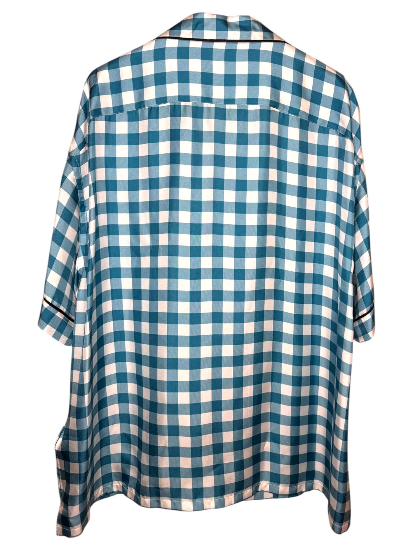 Prada camicia seta fantasia check azzurro bianco logo ricamato L — foto 6