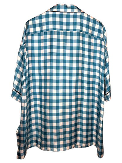 Prada camicia seta fantasia check azzurro bianco logo ricamato L — foto 6