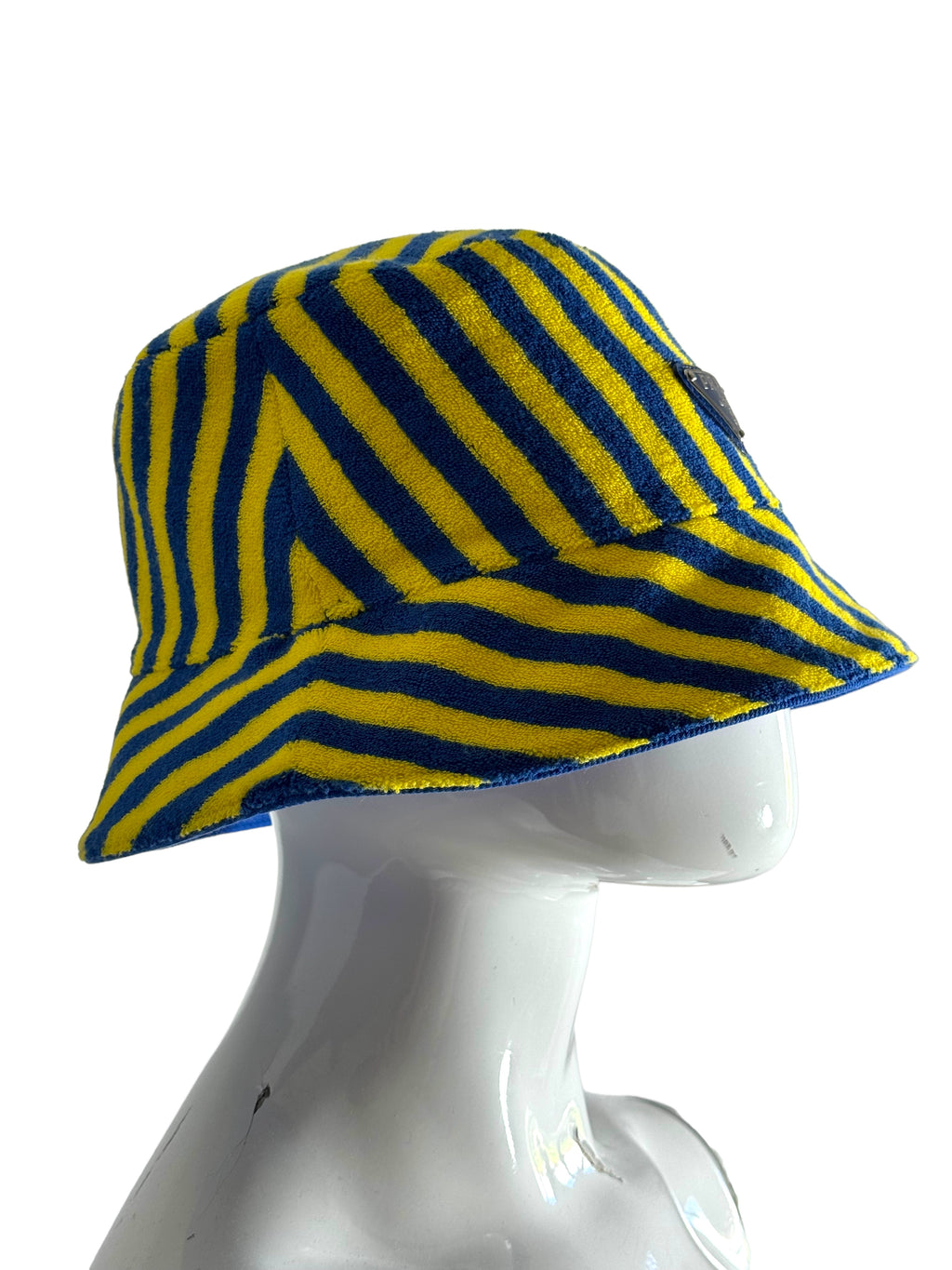 Prada cappello bucket in spugna rigata blu e giallo con logo triangolo — foto 2