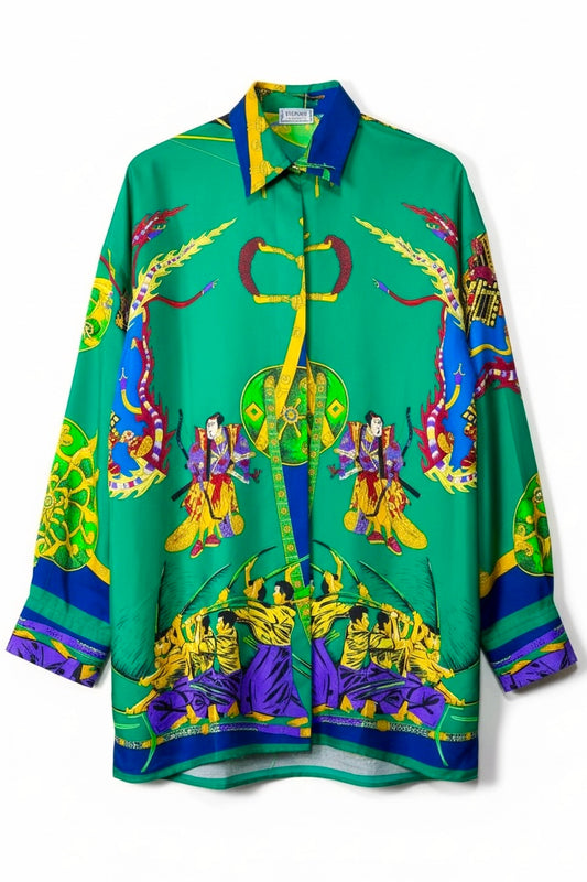 Camicia Gianni Versace Sport vintage in seta stampa Samurai – Made in Italy.