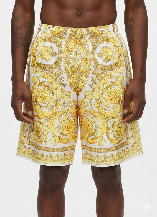 Shorts Versace in seta stampa barocca oro su bianco, nuovi con cartellino