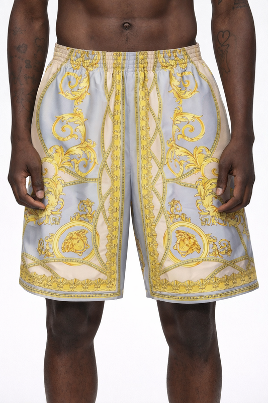 Shorts Versace in seta stampa barocca grigio e oro, nuovi con cartellino