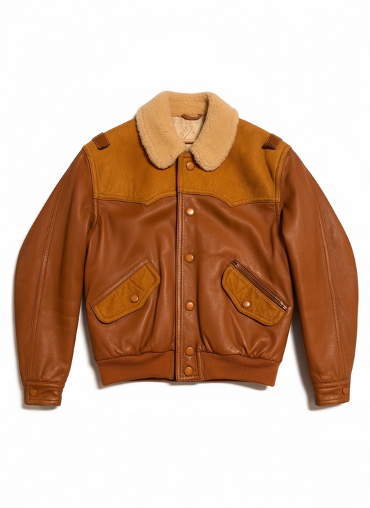 Giacca vintage Pancaldi in pelle ovina con colletto shearling made in Italy