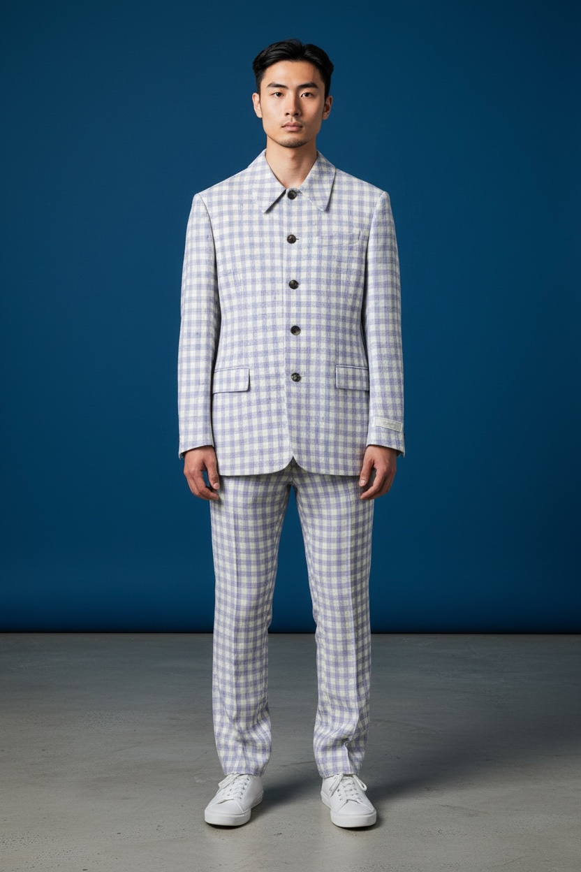 Versace completo uomo giacca e pantalone a quadri lilla/avorio Tg. 48 Made in Italy