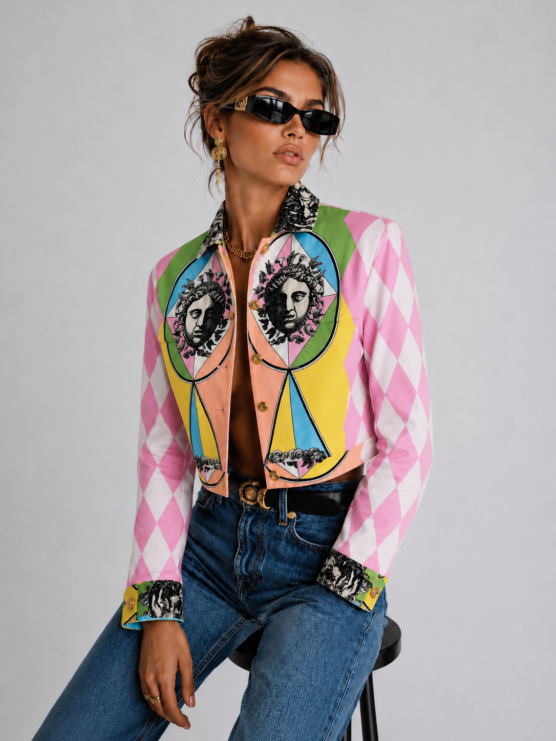 Gianni Versace Cropped Denim Jacket Medusa Print Pink - taglia XS