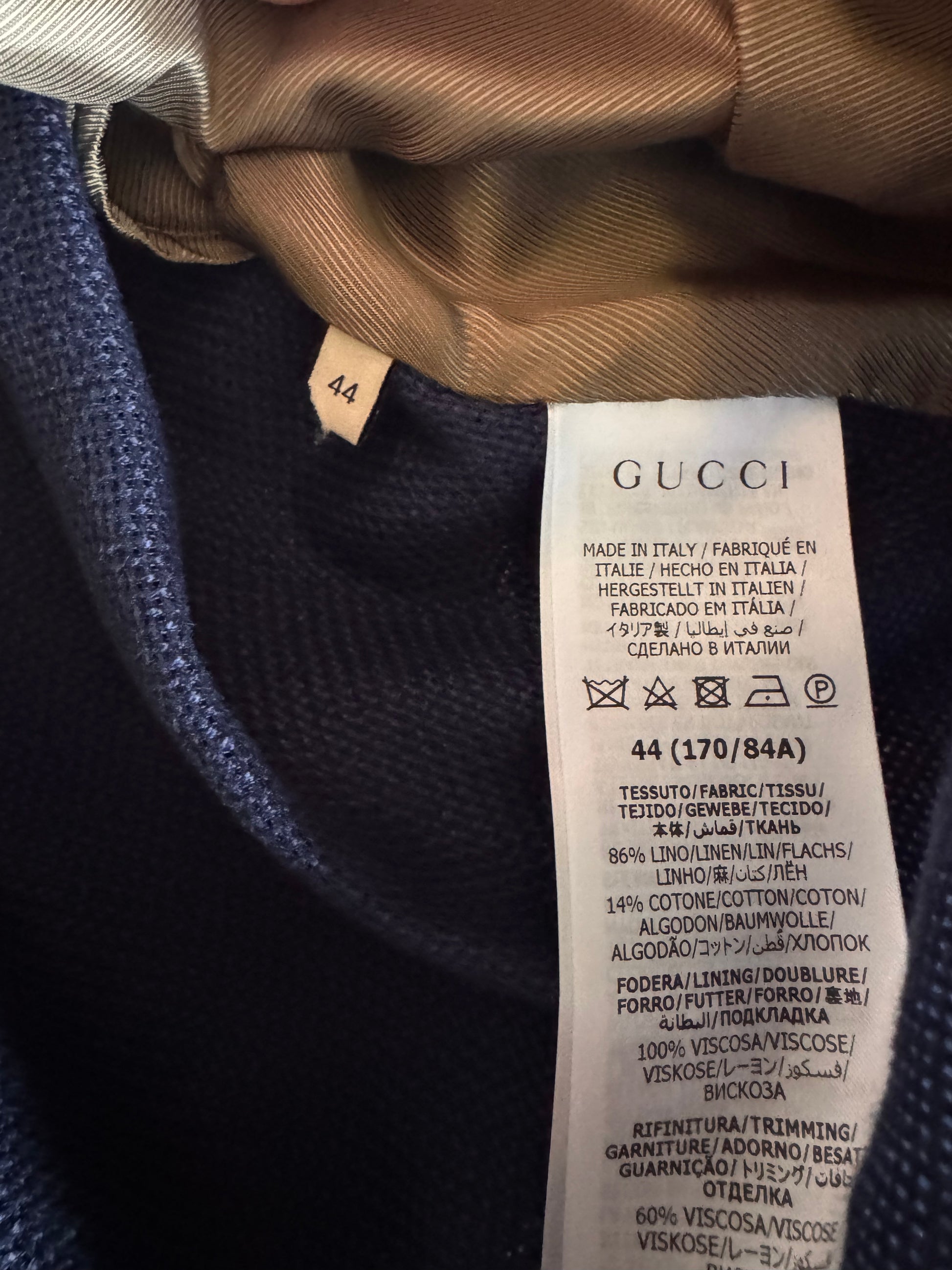 Giacca Blazer Gucci in lino blu con Web stripe e ricamo — foto 15