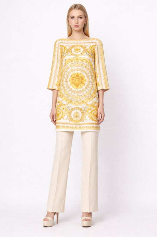 Versace abito corto stampa barocca oro viscosa Made in Italy nuovo