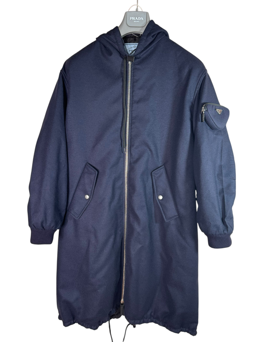 Prada parka lungo blu navy in lana vergine con cappuccio taglia 40
