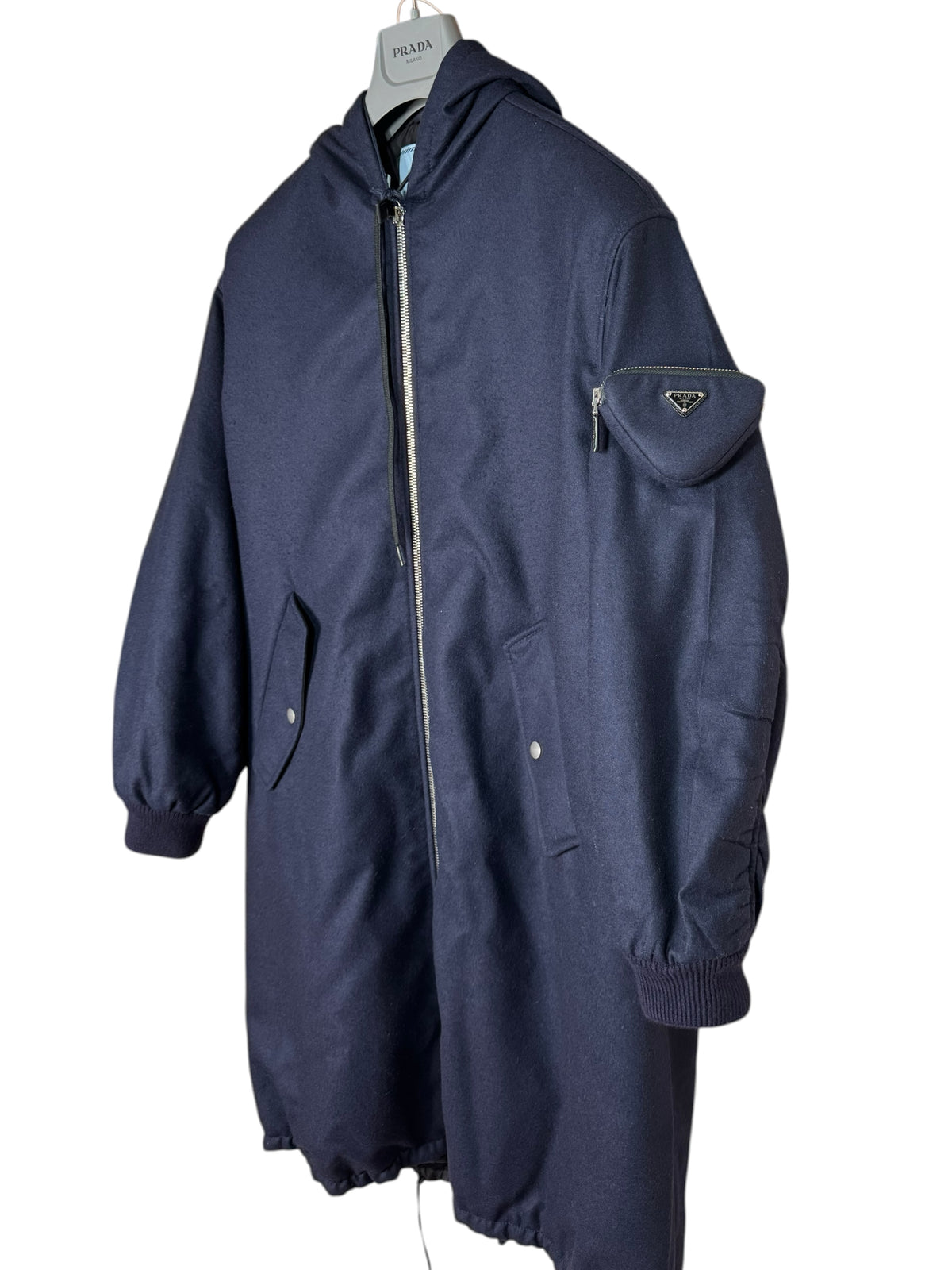 Prada parka lungo blu navy in lana vergine con cappuccio taglia 40