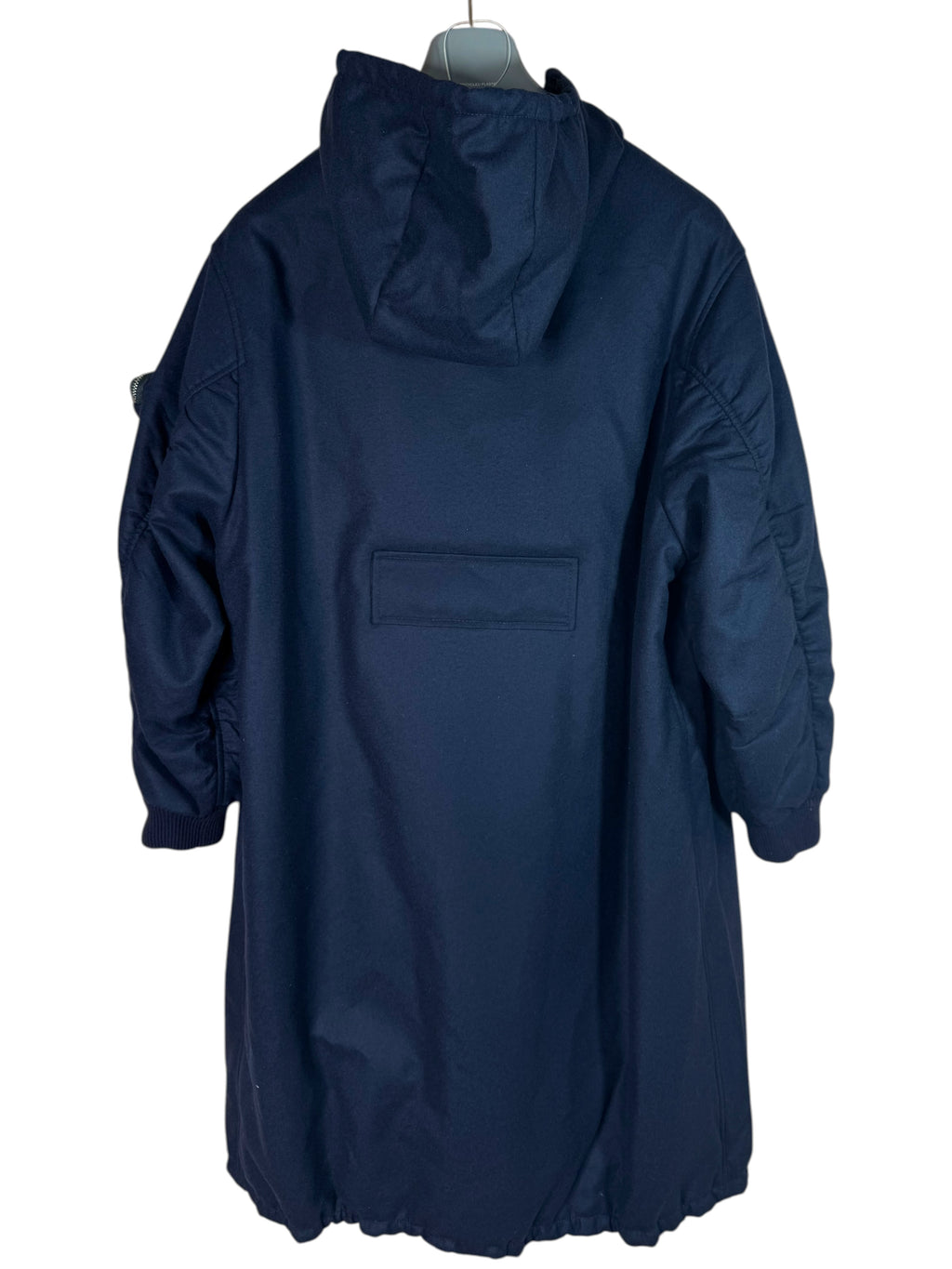 Prada parka lungo blu navy in lana vergine con cappuccio taglia 40