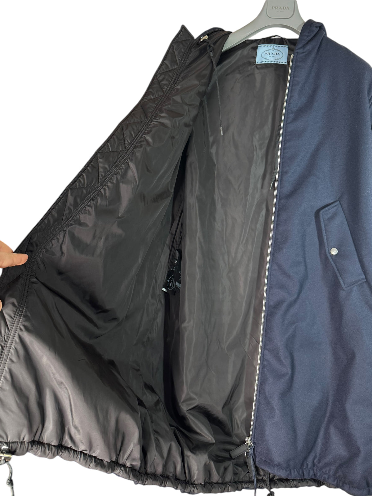 Prada parka lungo blu navy in lana vergine con cappuccio taglia 40