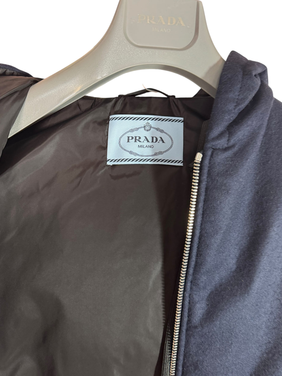 Prada parka lungo blu navy in lana vergine con cappuccio taglia 40
