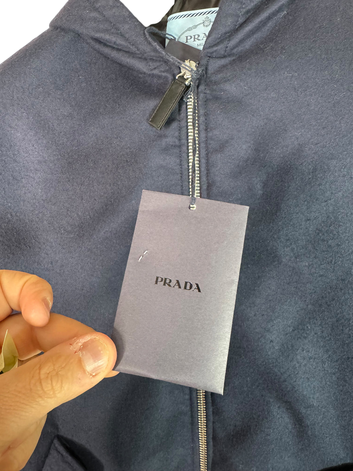 Prada parka lungo blu navy in lana vergine con cappuccio taglia 40