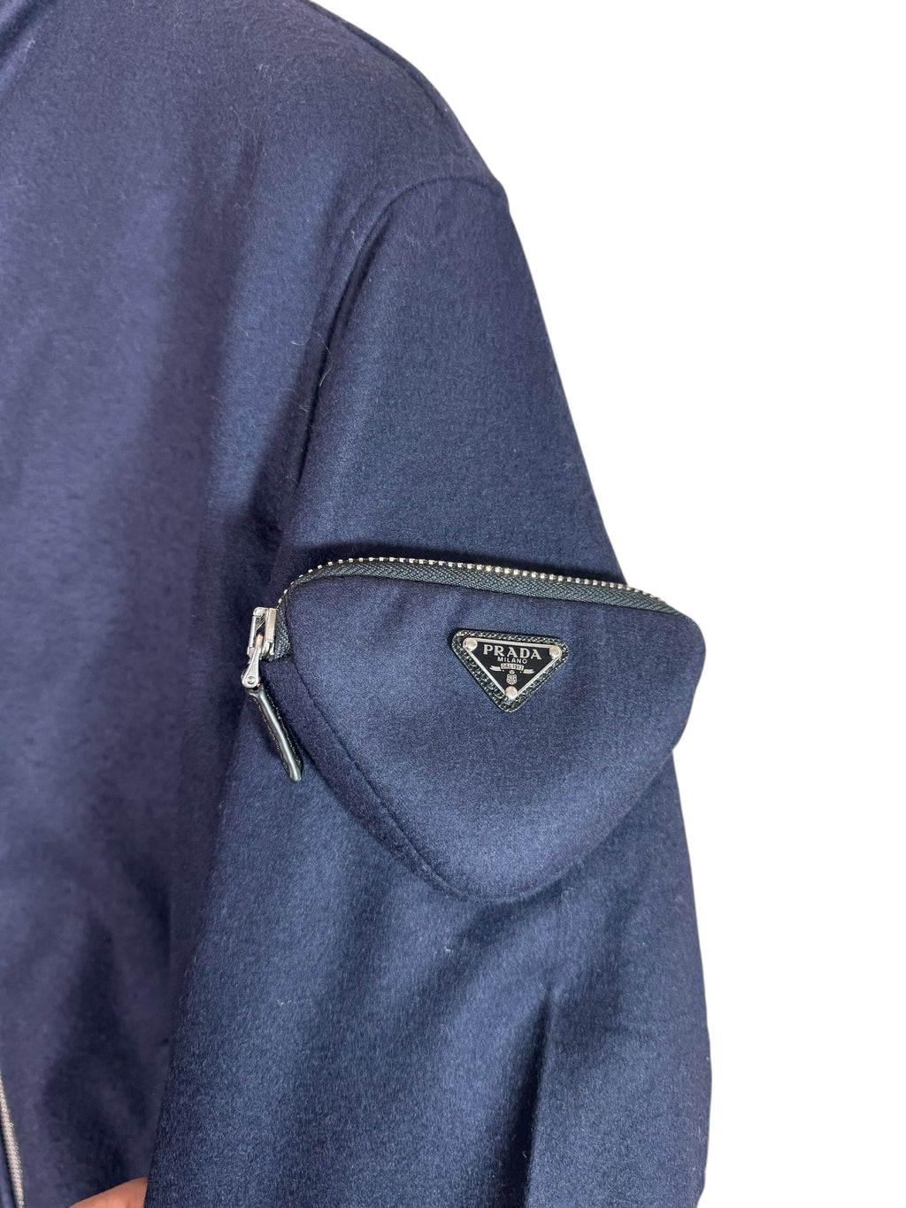 Prada parka lungo blu navy in lana vergine con cappuccio taglia 40