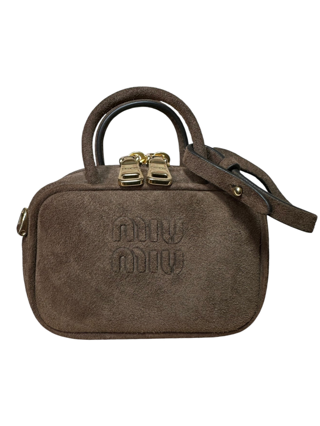 Micro borsa charm Miu Miu in camoscio marrone, vista frontale