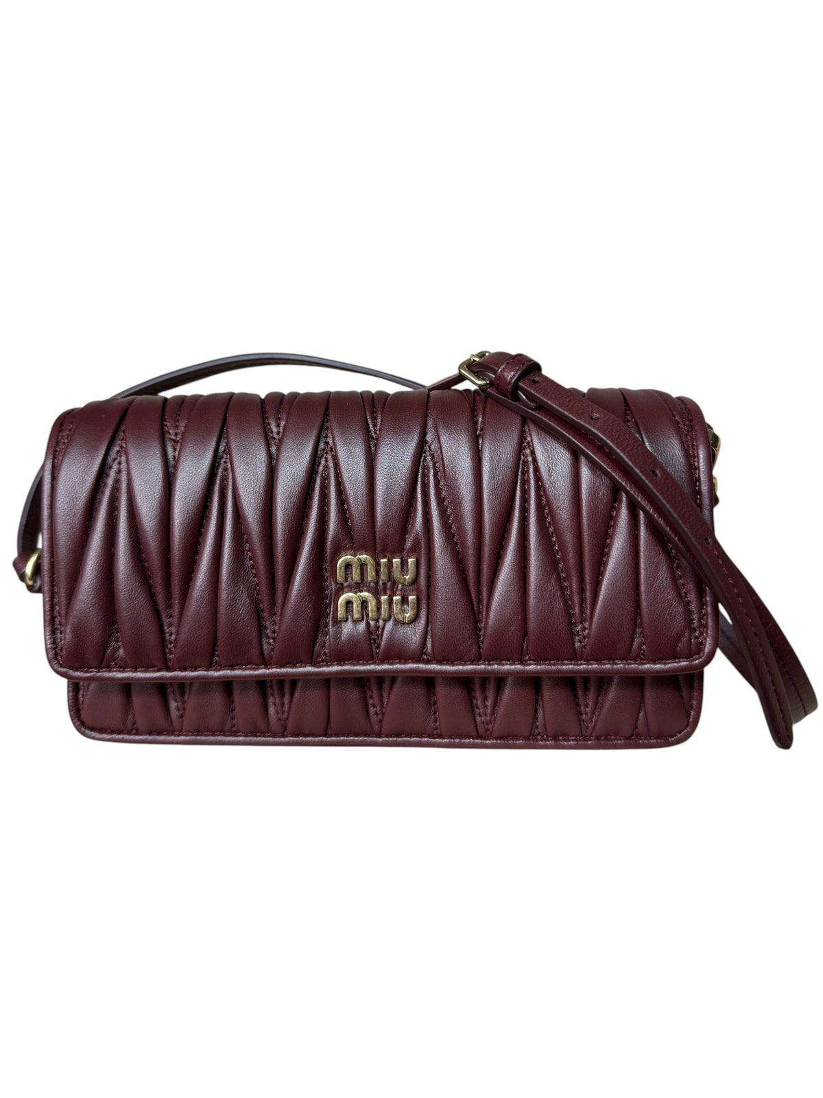 Mini borsa Miu Miu in pelle matelassé bordeaux, vista frontale
