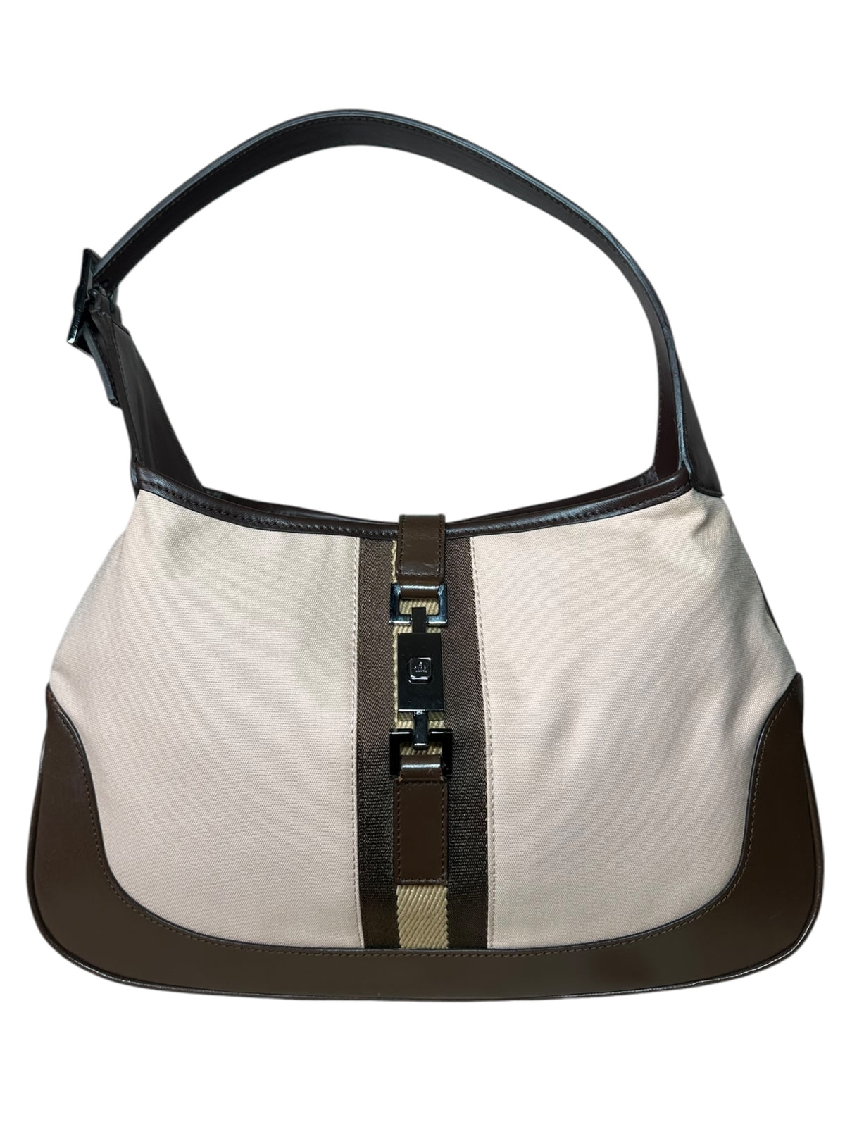 Borsa Gucci vintage in tela beige cipria e pelle marrone