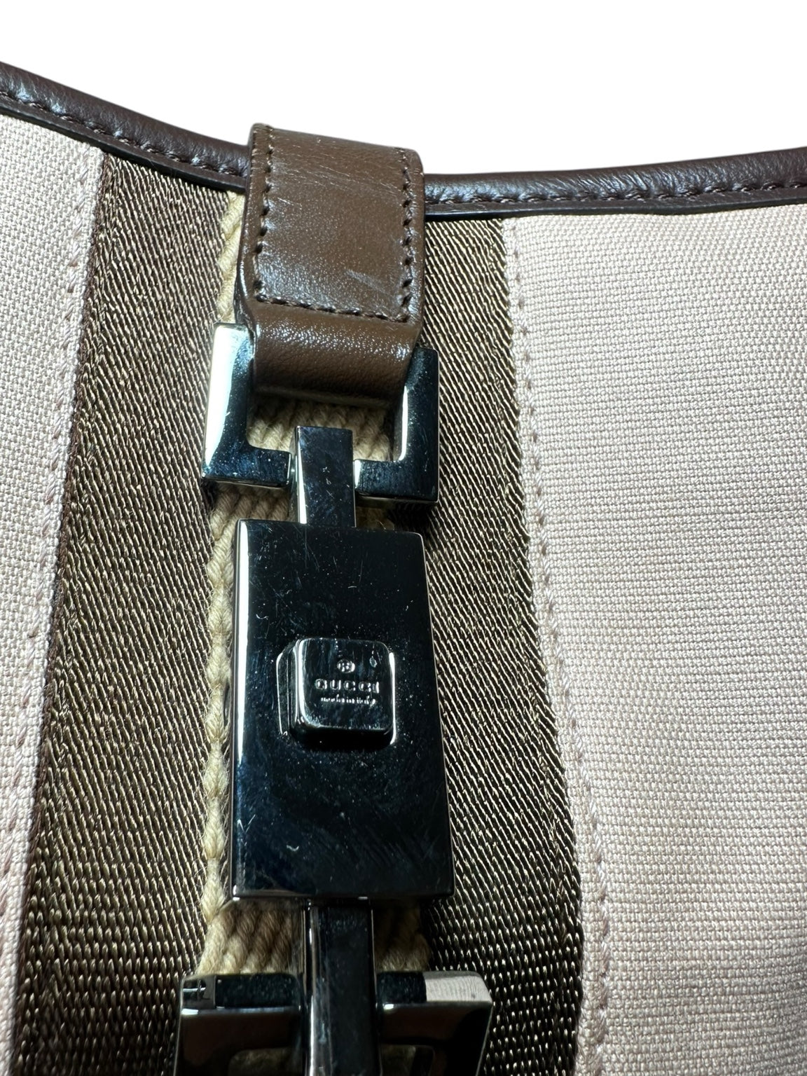 Borsa Gucci vintage in tela beige cipria e pelle marrone