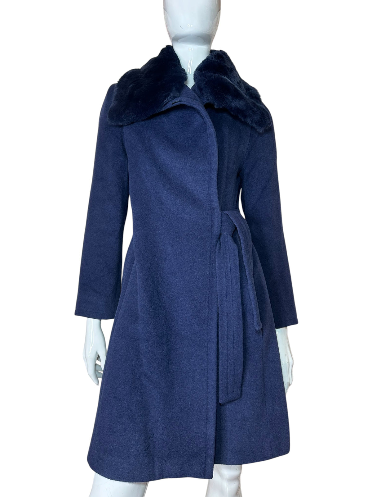 Cappotto Armani Collezioni blu scuro con collo in pelliccia rimovibile