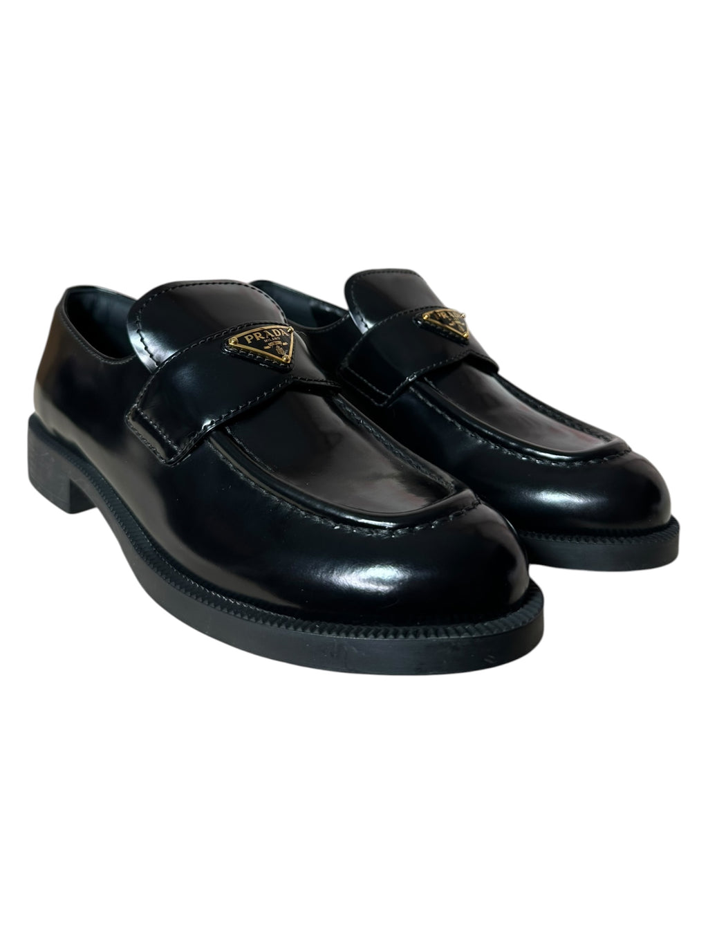 Mocassini Prada donna in pelle nera con logo triangolare dorato, taglia 37