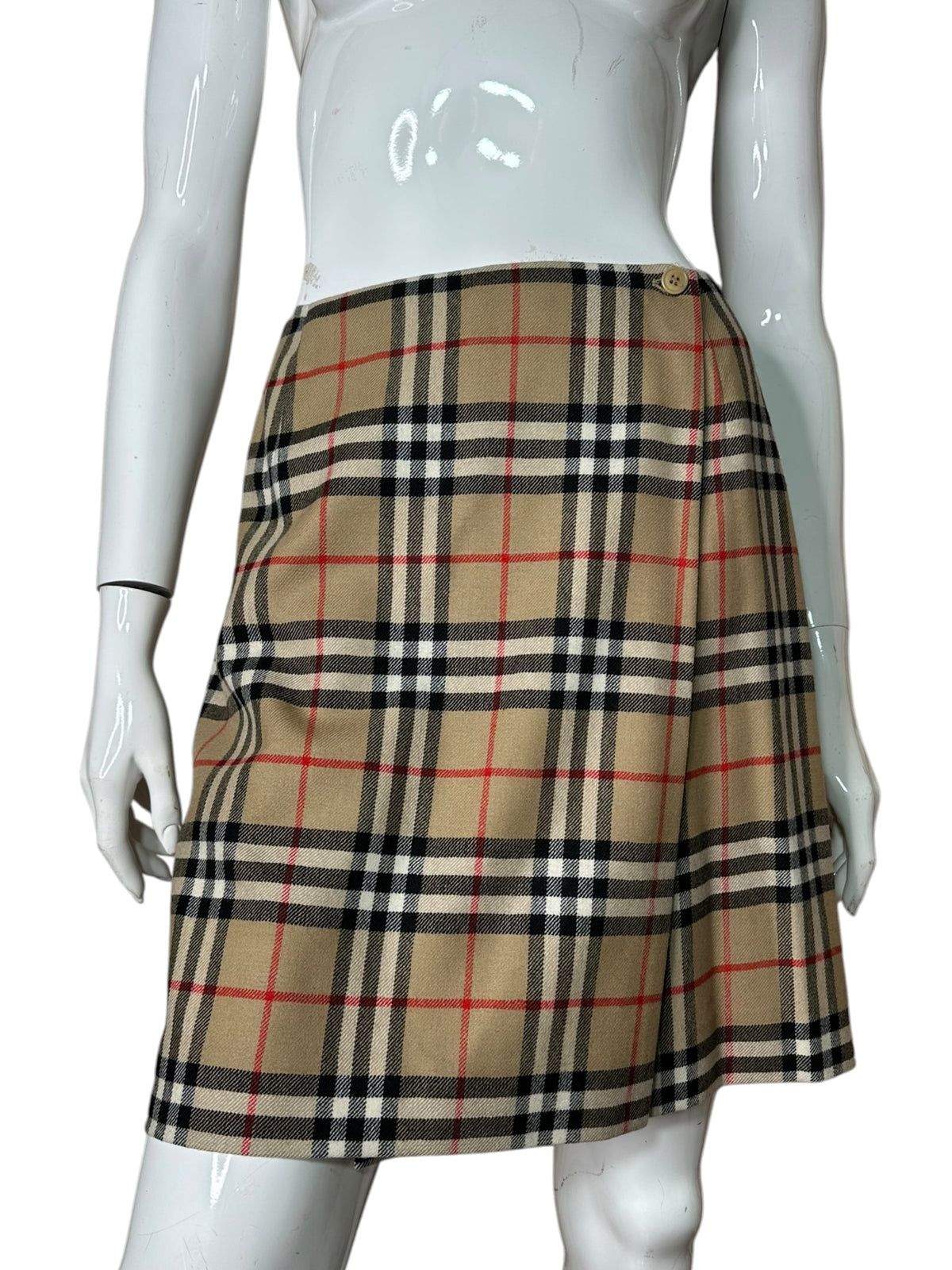 Gonna vintage Burberry London a portafoglio in lana vergine check beige, taglia 46